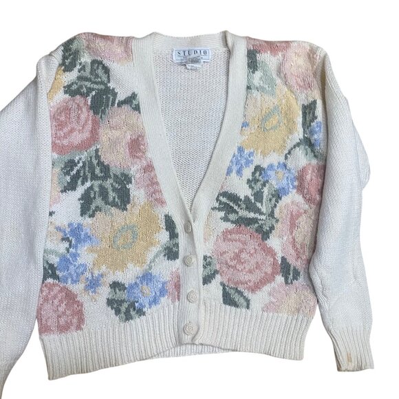 Vintage Studio Michelle Stuart Hand Knit Floral Cardigan Sweater S White Multico - Picture 7 of 13